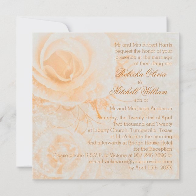 Gorgeous peach cream roses Wedding Invitation (Front)