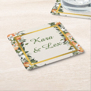 Gorgeous Peaches and Foliage Colourful Square Paper Coaster