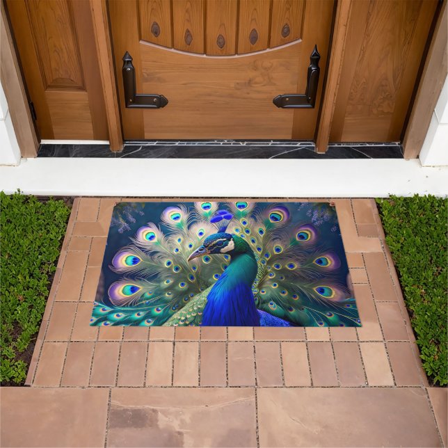 Gorgeous peacock with teal and gold plumage doormat (Outdoor)