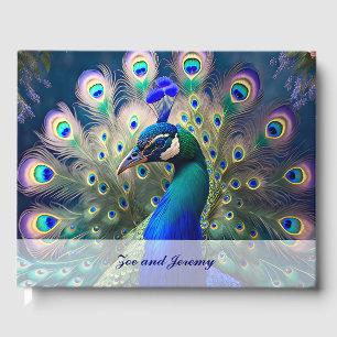 Gorgeous peacock with teal and gold plumage guest book