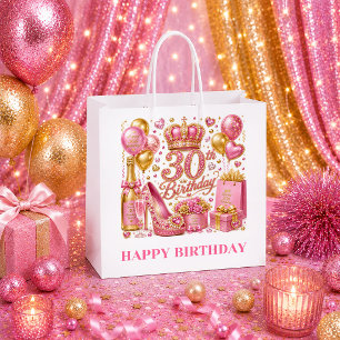Gorgeous Pink And Gold Glitter 30th Birthday Gift  Large Gift Bag