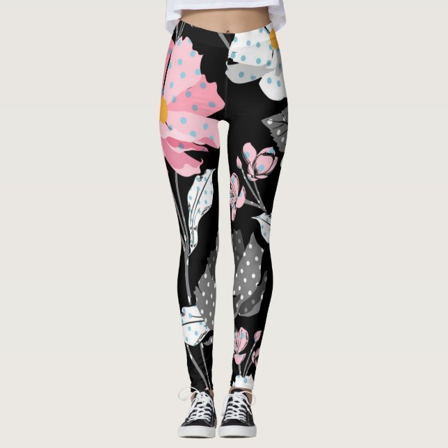 Gorgeous Pink, Black, grey Abstract Floral Legging (Front)