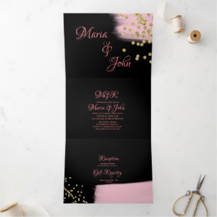 Gorgeous Pink Brush Glitter Confetti Wedding Tri-Fold Invitation