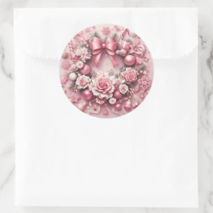 Gorgeous Pink Christmas Wreath Floral Ribbons Classic Round Sticker