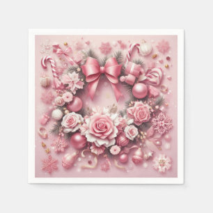 Gorgeous Pink Christmas Wreath Floral Ribbons Napkin