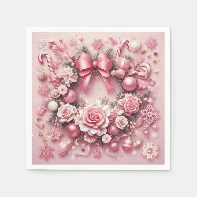 Gorgeous Pink Christmas Wreath Floral Ribbons Napkin (Front)