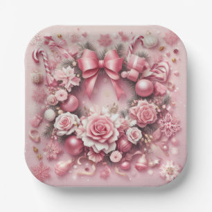 Gorgeous Pink Christmas Wreath Floral Ribbons Paper Plate