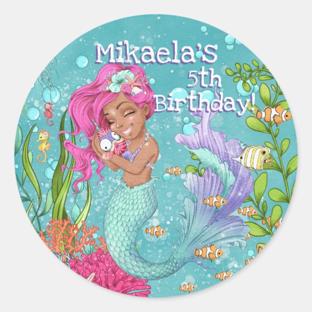 Gorgeous Pink Hair Mermaid Birthday Classic Round Sticker (Front)