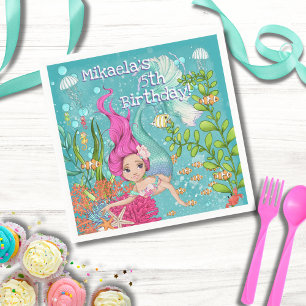 Gorgeous Pink Hair Mermaid Under the Sea Birthday Napkin