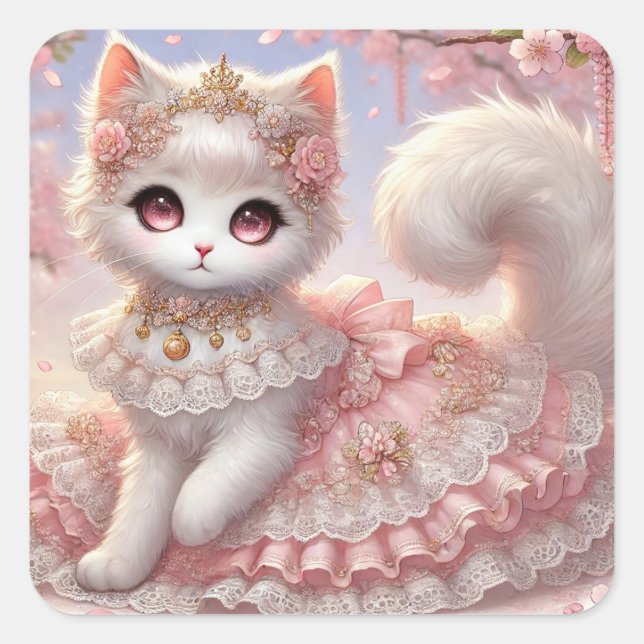 Gorgeous Pink Lolita Princess Cat Square Sticker (Front)