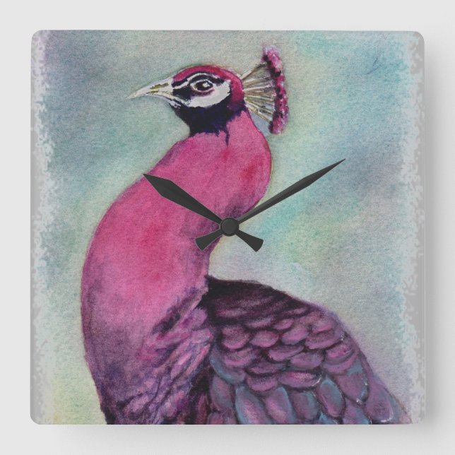 GORGEOUS PINK PEACOCK SQUARE WALL CLOCK (Front)
