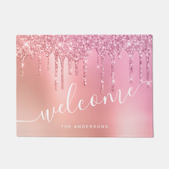 Gorgeous pink rose gold & copper glitter drips doormat (Front)
