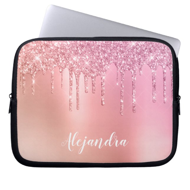 Gorgeous pink rose gold & copper glitter drips laptop sleeve (Front)