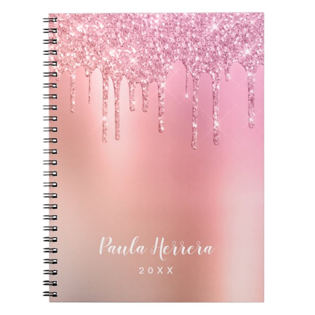 Gorgeous pink rose gold & copper glitter drips notebook (Front)