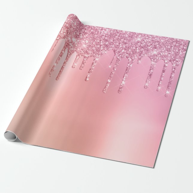 Gorgeous pink rose gold & copper glitter drips wrapping paper (Unrolled)