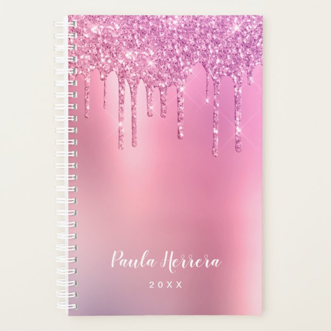 Gorgeous pink rose gold & purple glitter drips planner (Front)