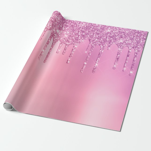 Gorgeous pink rose gold & purple glitter drips wrapping paper (Unrolled)