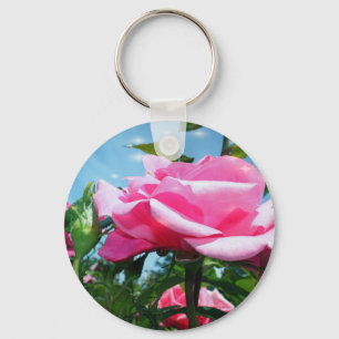 Gorgeous pink rose in blue sky. Floral photography Key Ring