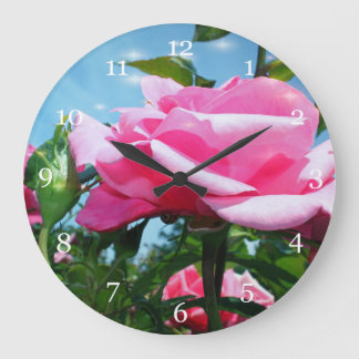 Gorgeous pink rose in blue sky. Floral photography Large Clock