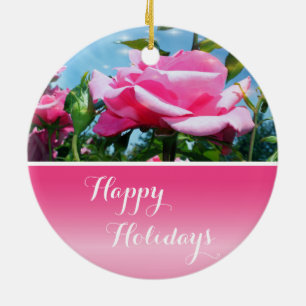 Gorgeous pink rose in blue sky. Happy holidays Ceramic Tree Decoration