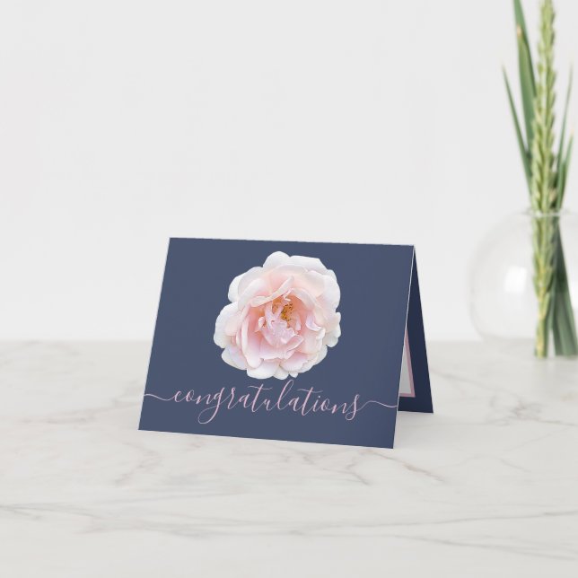Gorgeous Pink Rose Navy Background Congratulations Card (Front)