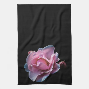 Gorgeous Pink Rose on Black. Tea Towel