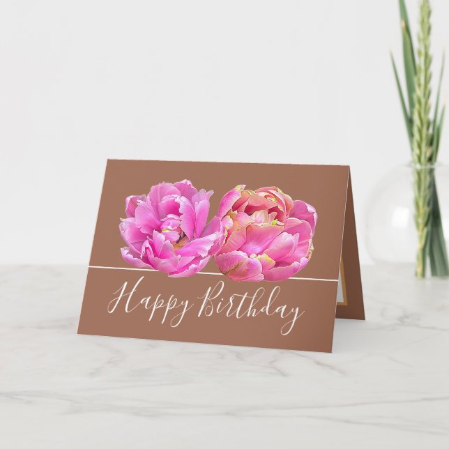 Gorgeous Pink Tulip Pretty Floral Bouquet Birthday Card (Front)