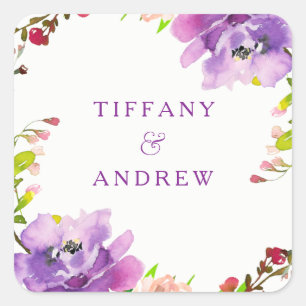Gorgeous Purple Floral Watercolor Engagement Party Square Sticker