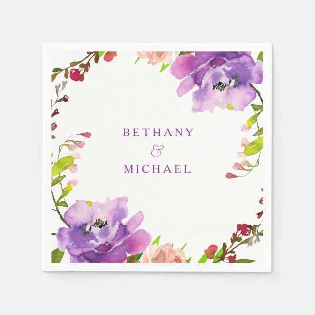 Gorgeous Purple Floral Watercolor Wedding Napkin (Front)