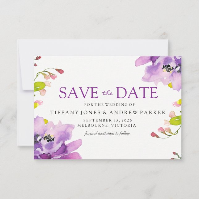 Gorgeous Purple Floral Wedding Save The Date (Front)
