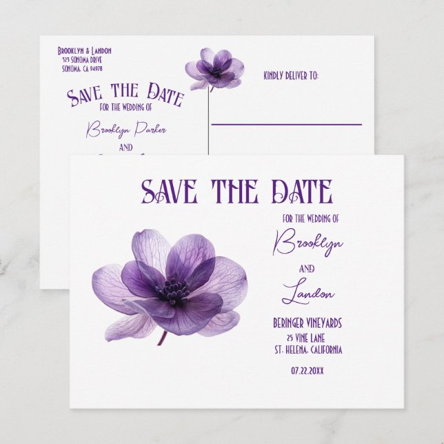 Gorgeous Purple Flower Wedding Save The Date Announcement Postcard (Front/Back)
