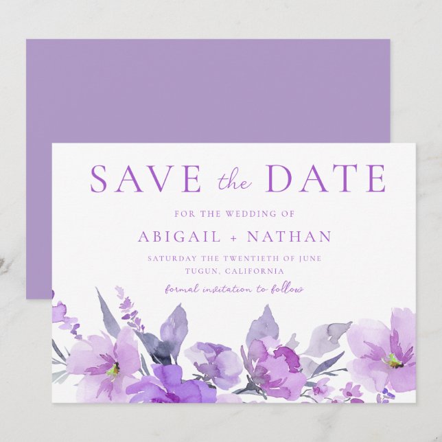 Gorgeous Purple Lavender Floral Wedding Save The Date (Front/Back)