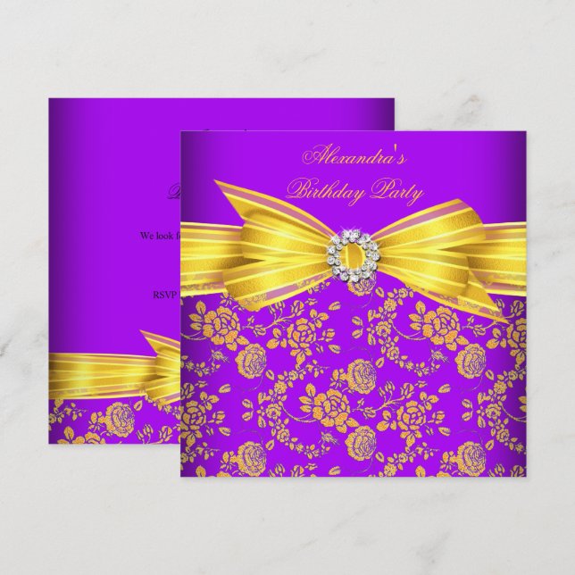 Gorgeous Purple Yellow Rose Damask Birthday Party Invitation (Front/Back)