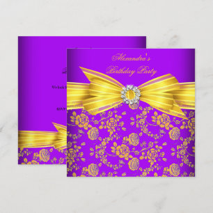 Gorgeous Purple Yellow Rose Damask Birthday Party Invitation