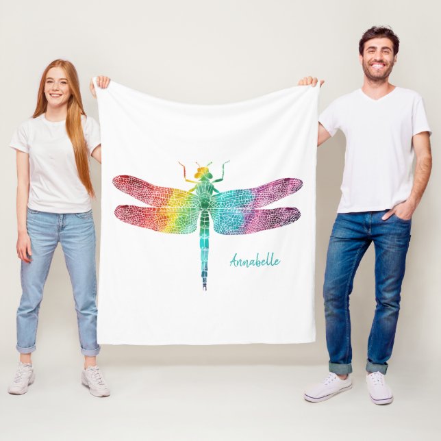 Gorgeous Rainbow Watercolor Dragonfly Silhouette Fleece Blanket (In Situ)