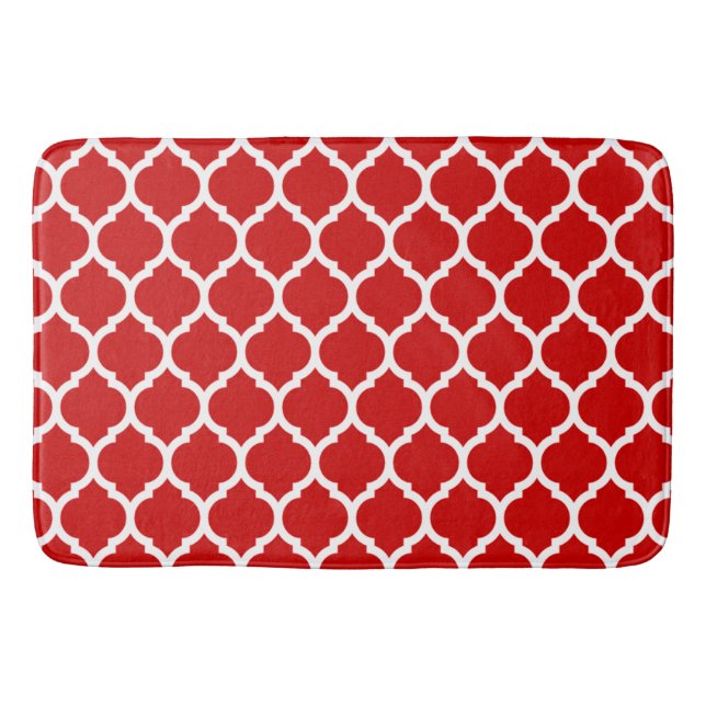 Gorgeous Red and White Moroccan Quatrefoil Pattern Bath Mat (Front)