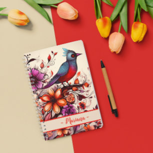 Gorgeous Red bird and floral custom name Summer Notebook