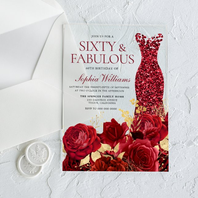 Gorgeous Red Dress Roses Gold Leaf 60th Birthday Acrylic Invitations (Creator Uploaded)