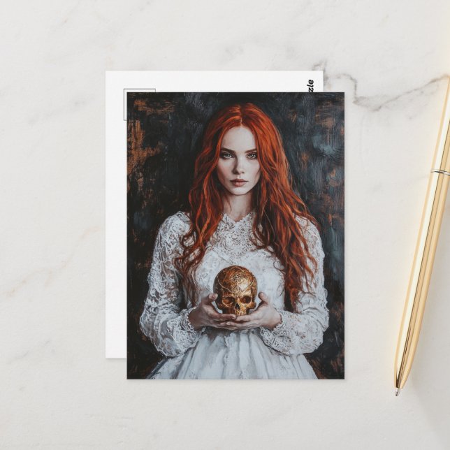 Gorgeous Red haired Woman With a Gold Skull Postcard (Front/Back In Situ)