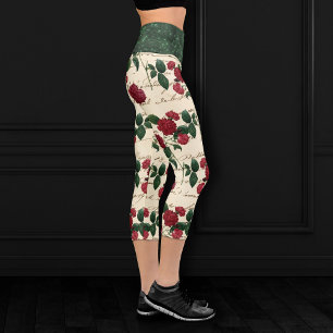 Gorgeous Red Roses and Classic Vintage Handwriting Capri Leggings