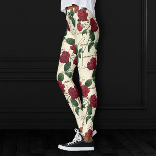 Gorgeous Red Roses and Classic Vintage Handwriting Leggings