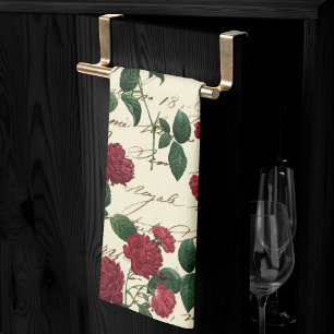 Gorgeous Red Roses and Classic Vintage Handwriting Tea Towel