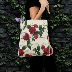 Gorgeous Red Roses and Classic Vintage Handwriting Tote Bag