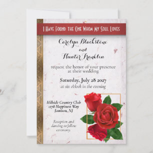 Gorgeous red roses and gold metallic wedding invitation