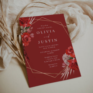 Gorgeous Red Roses Geometric Wreath Wedding  Invitation