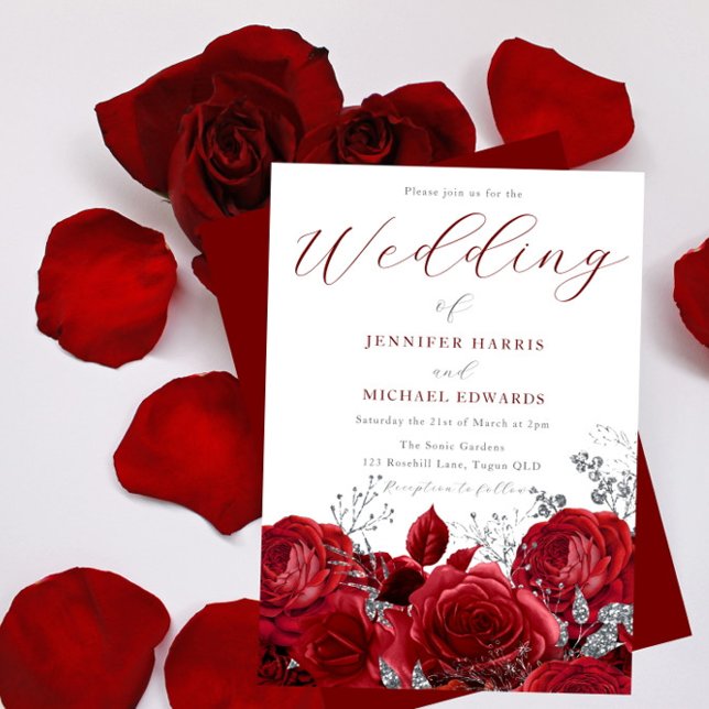 Gorgeous Red Roses & Silver Wedding Invitation (Creator Uploaded)