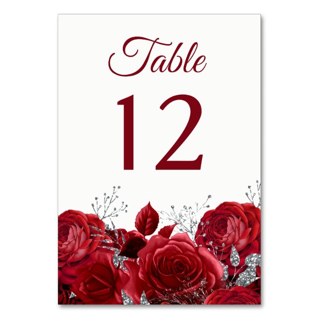 Gorgeous Red Roses & Silver Wedding or Quinceanera Table Number (Front)