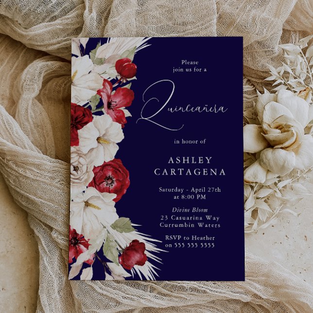 Gorgeous Red, White & Blue Floral Quinceanera Invitation (Creator Uploaded)