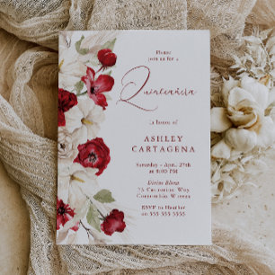 Gorgeous Red & White Floral Quinceanera Invitation
