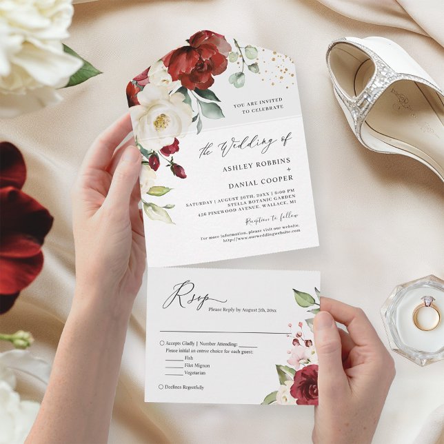 Gorgeous Red White Floral Simple Elegant Wedding All In One Invitation (Creator Uploaded)